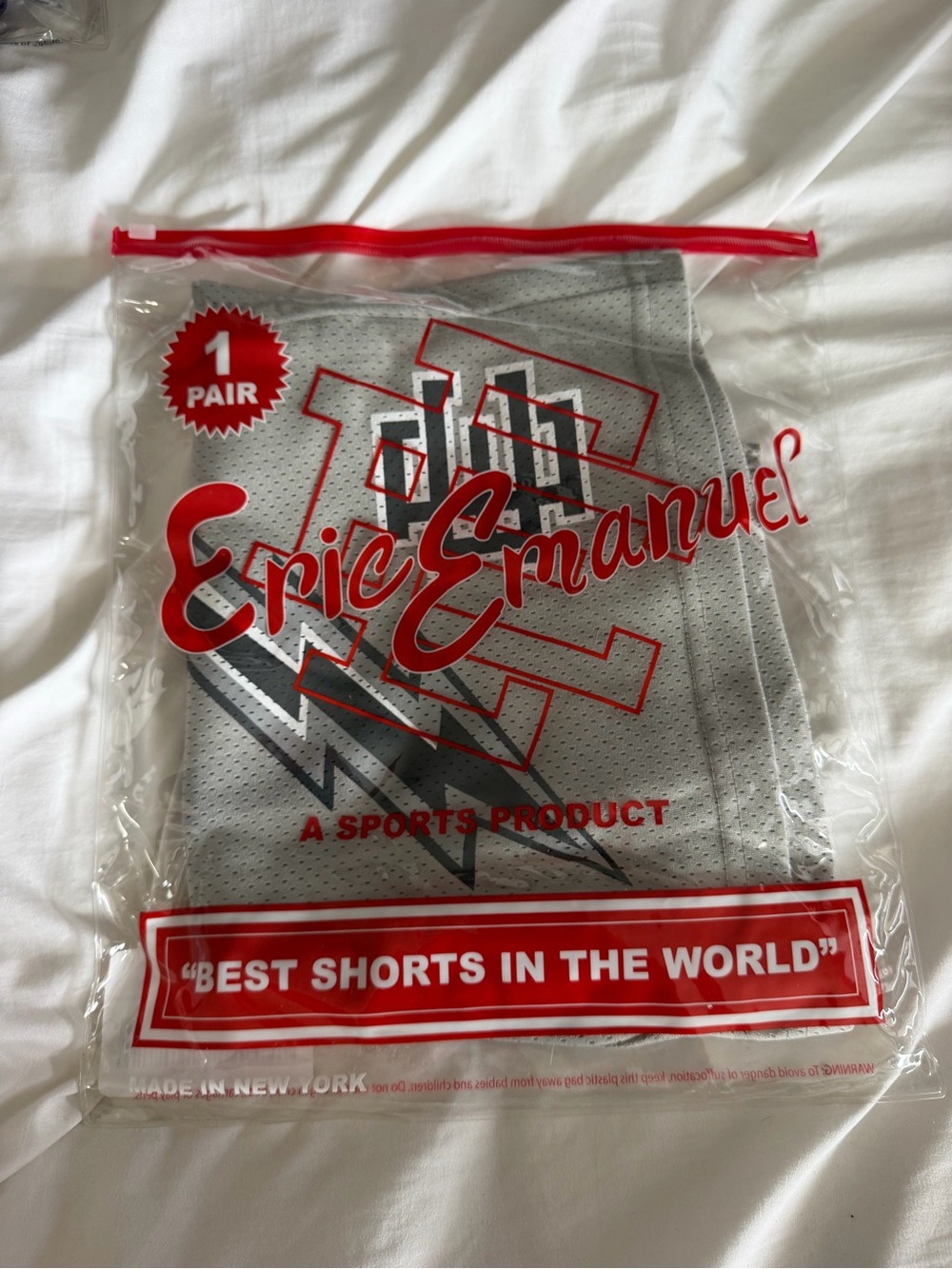 Eric Emanuel Gray Mesh Athletic Shorts with Red Logo Packaging